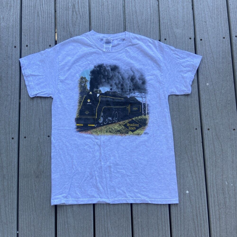 Vintage Gildan Reading Lines Steam Locomotive Train Graphic T-Shirt Men's M Gray